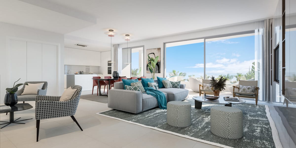 Rendered interior visualisation of BREEZE with an open kitchen, grey seating area with blue accents, large sliding glass doors and views of palm trees and blue sky.