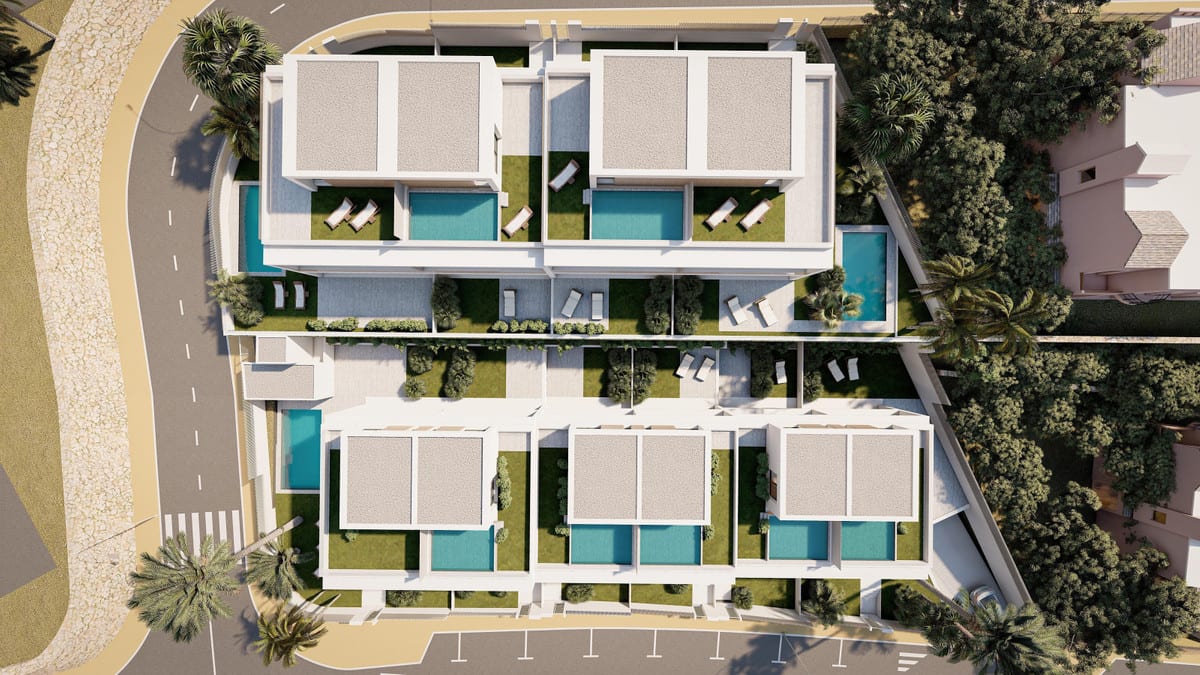 Rendered aerial view of BRISAS DEL MAR with several light-coloured buildings arranged in two rows, rectangular swimming pools, sun loungers, terraces and landscaped green areas.