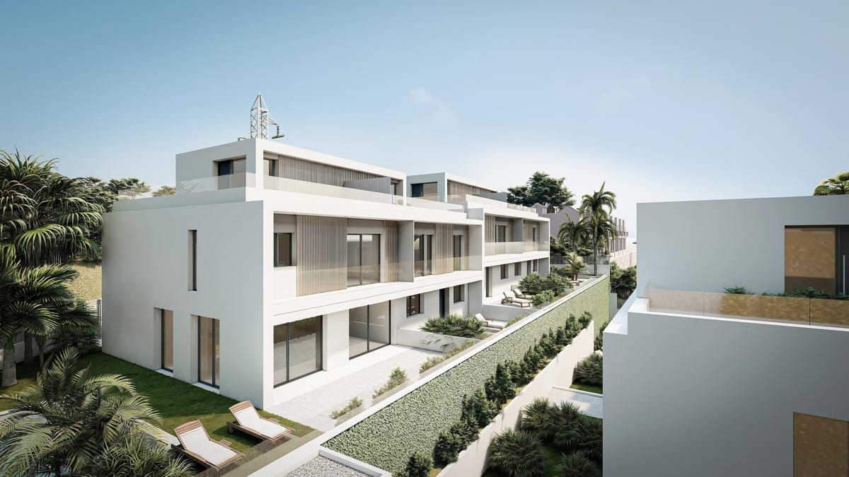 Rendered side view of BRISAS DEL MAR with white façades, wood-effect slats, glazed sliding doors, tiered planted terraces and sun loungers on the ground floor.
