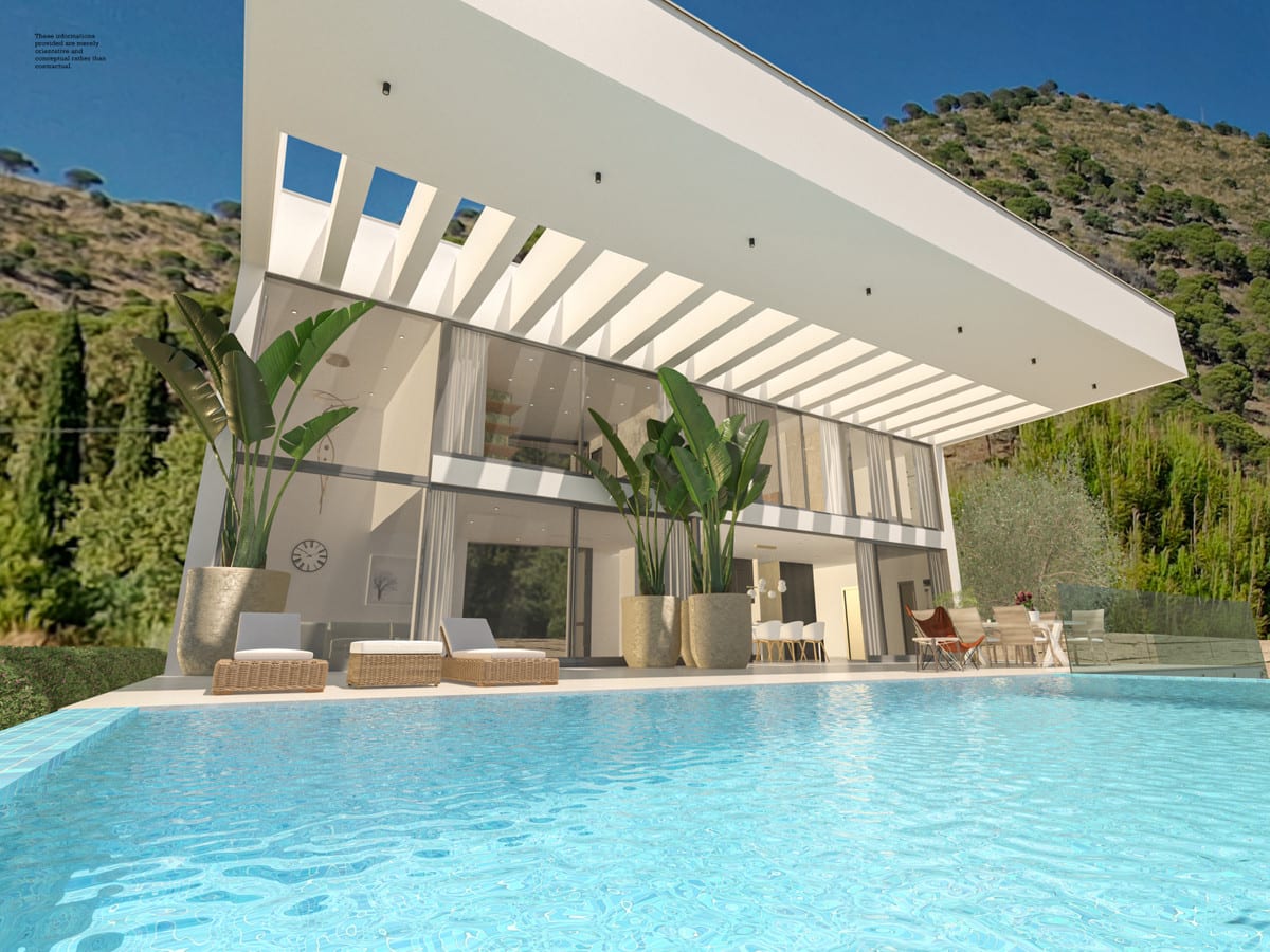 Visualisation from the pool towards the villa’s broad glazing and projecting roof.