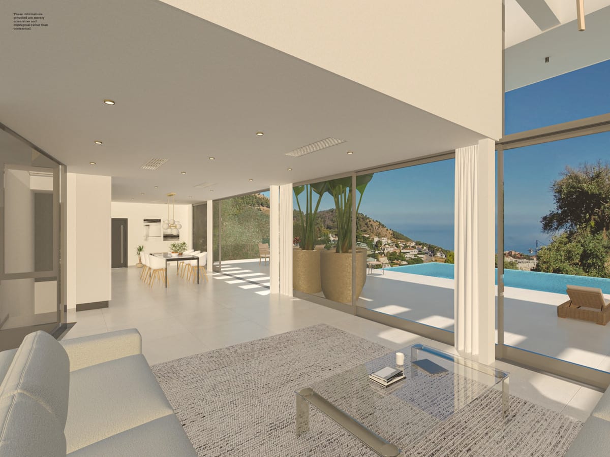 Living room visualisation with sliding doors opening onto the pool terrace.