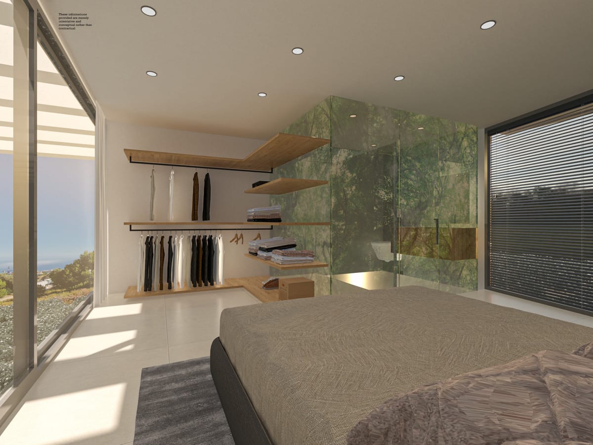 Bedroom visualisation with open clothing storage and a glass partition.