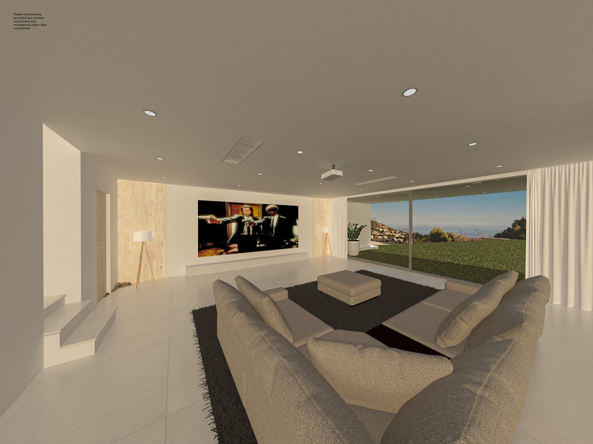Visualisation of a cinema room with modular seating, a large screen and views towards the hills and sea.