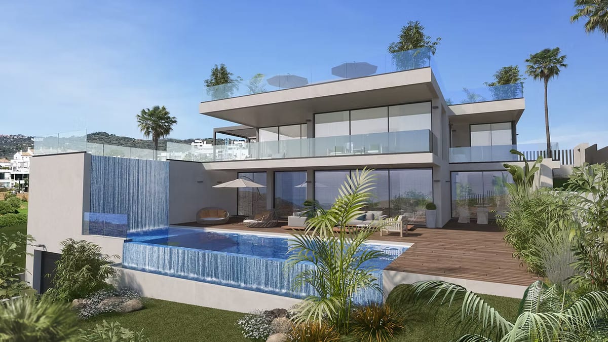 Front exterior visualisation of CABOPINO GARDENS - VILLA 12 with pools, a waterfall and a broad timber terrace.