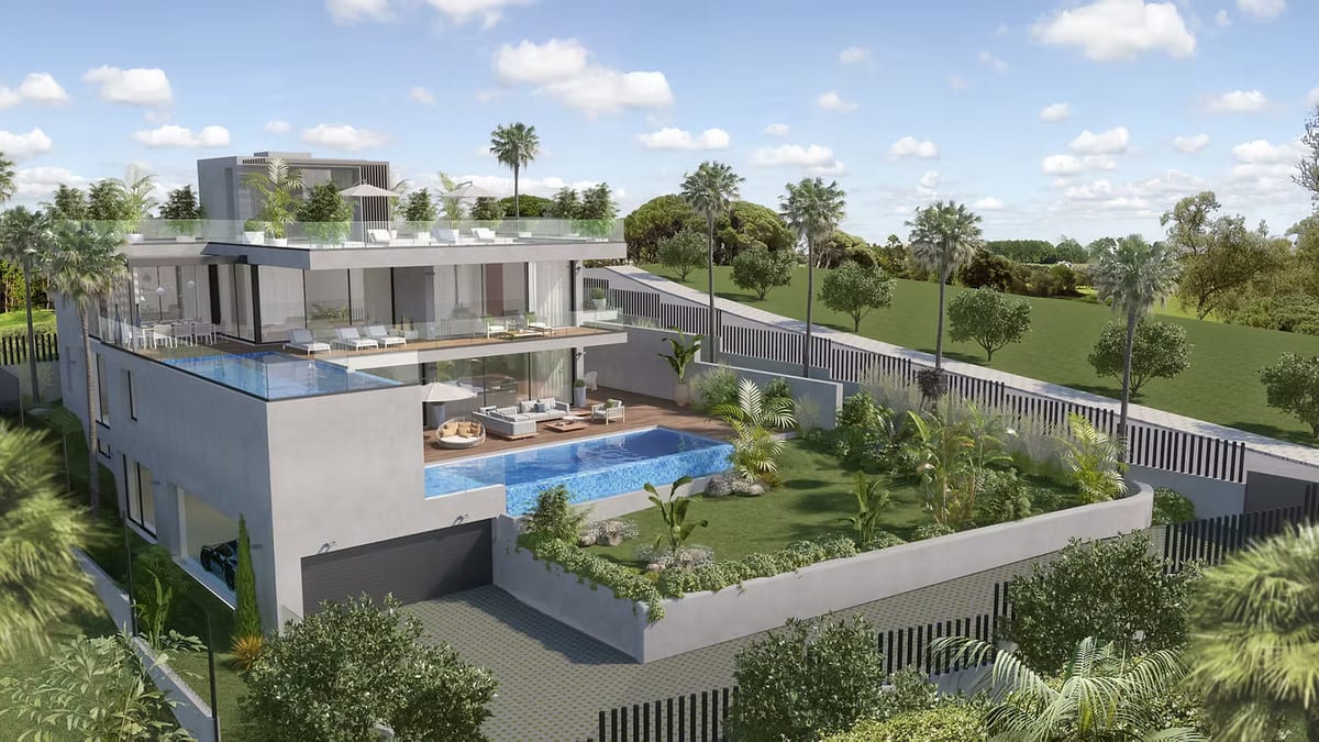 Elevated exterior visualisation of CABOPINO GARDENS - VILLA 12 with terraces, pools and a landscaped garden.