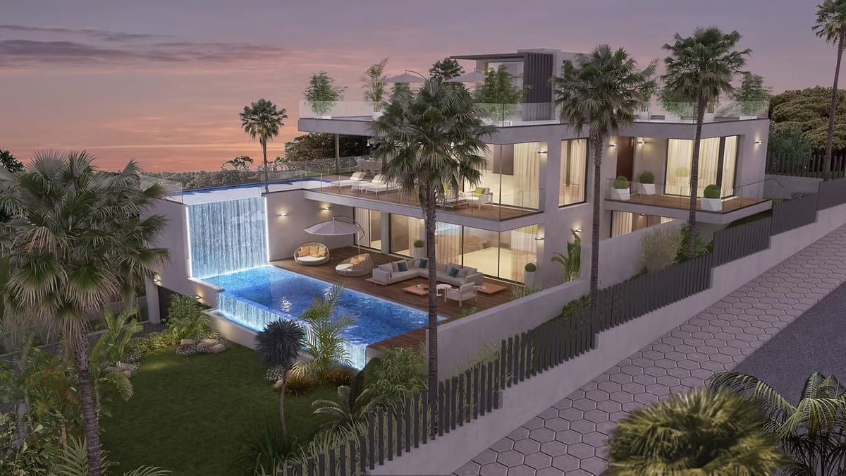 Sunset visualisation of CABOPINO GARDENS - VILLA 12 with an illuminated façade, waterfall and palms.