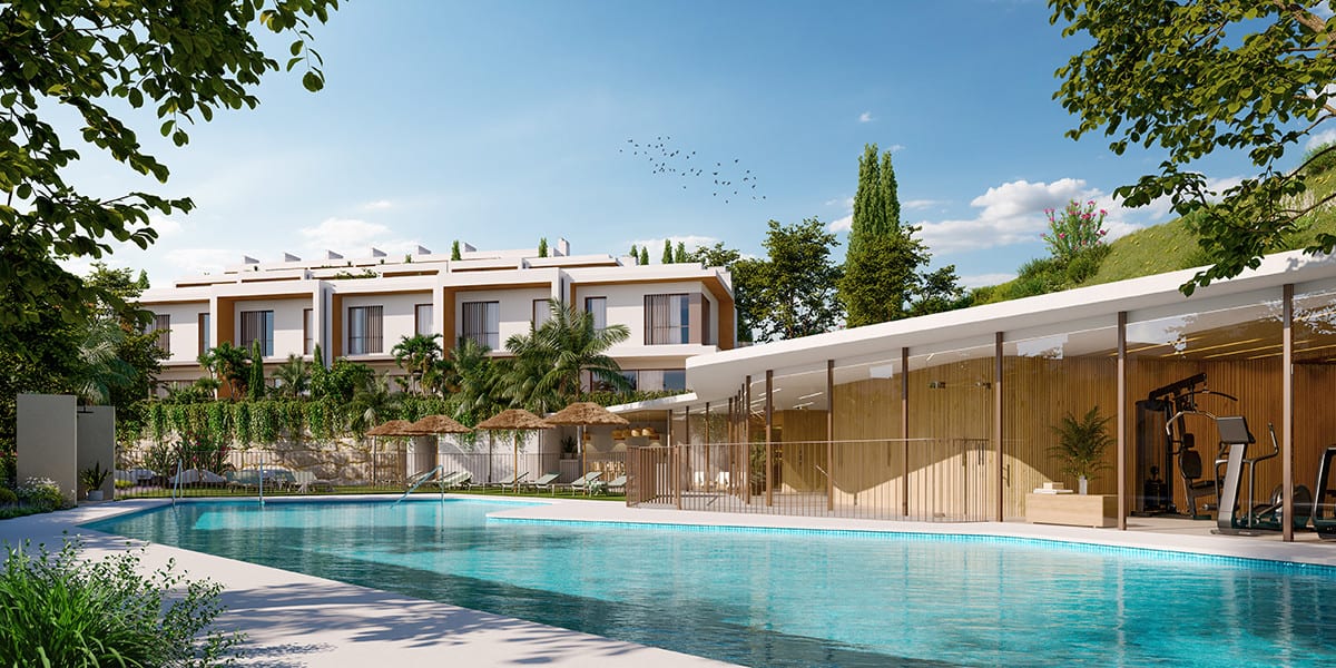 Project visualisation of CALA SERENA SUN with a large swimming pool in the foreground, sun loungers with thatched parasols, palm trees and a covered area with wooden slats and visible fitness equipment.