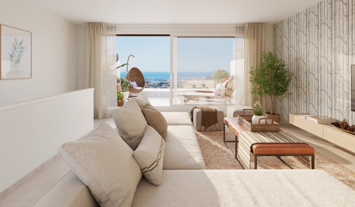 Project visualisation of the CALA SERENA SUN living room with a light-coloured sofa, wooden coffee table, orange bench, feature wallpaper with a twig pattern, low TV cabinet and large window overlooking the sea.