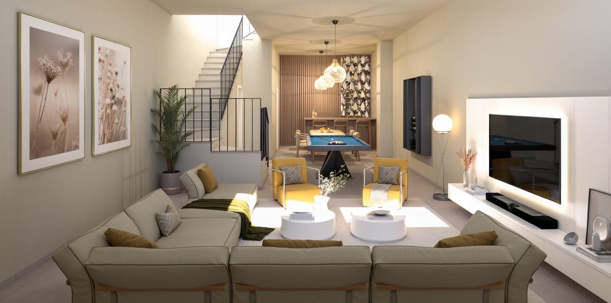 Project visualisation of CALAGOLF BY MARINSA with a living room, light corner sofa, yellow armchairs, television, black metal staircase and a pool table in the background.