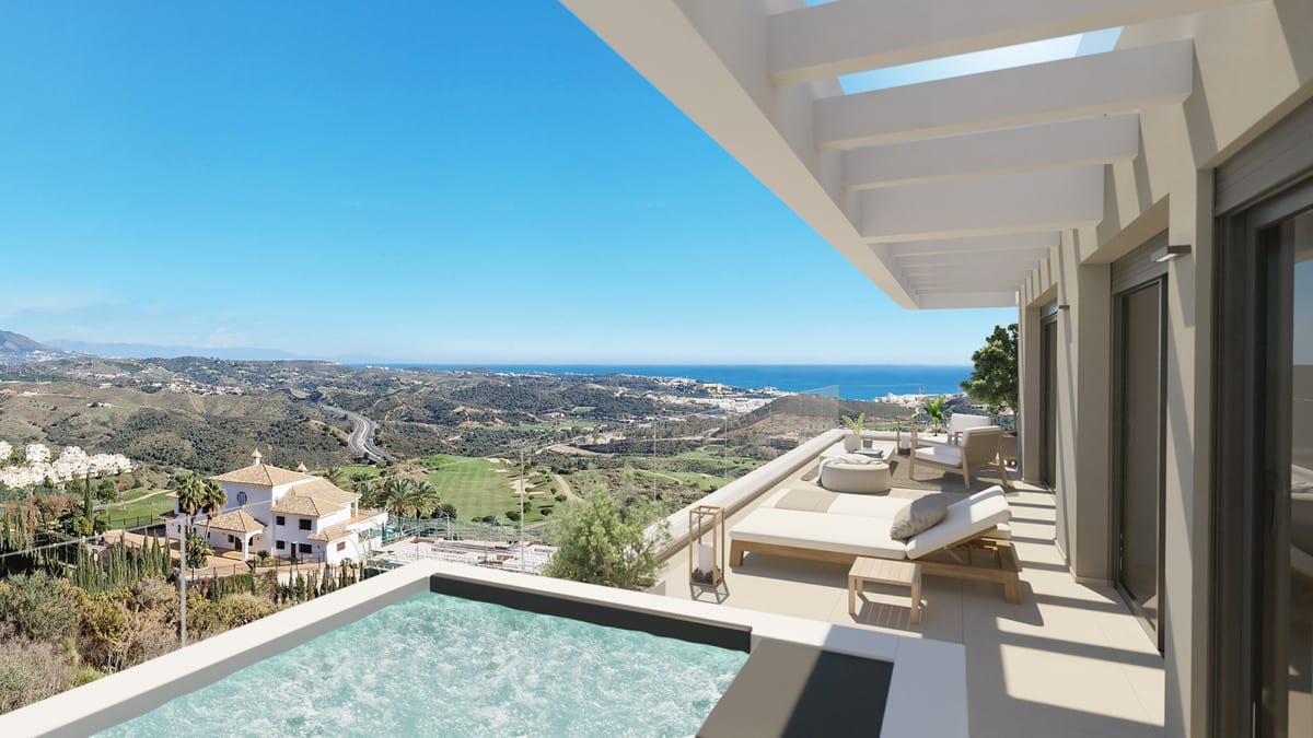Rendered project visualisation of CALANOVA COLLECTION featuring a terrace beneath a pergola, plunge pool or spa, sun lounger, lounge chairs and views of hilly countryside and the sea on the horizon.