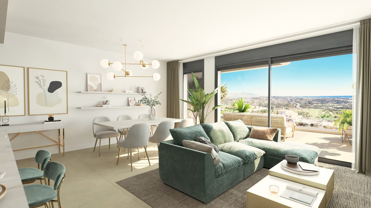 Rendered interior visualisation of CALANOVA COLLECTION with a green sofa, dining table with chairs, gold pendant light and large glass sliding doors leading to the terrace.