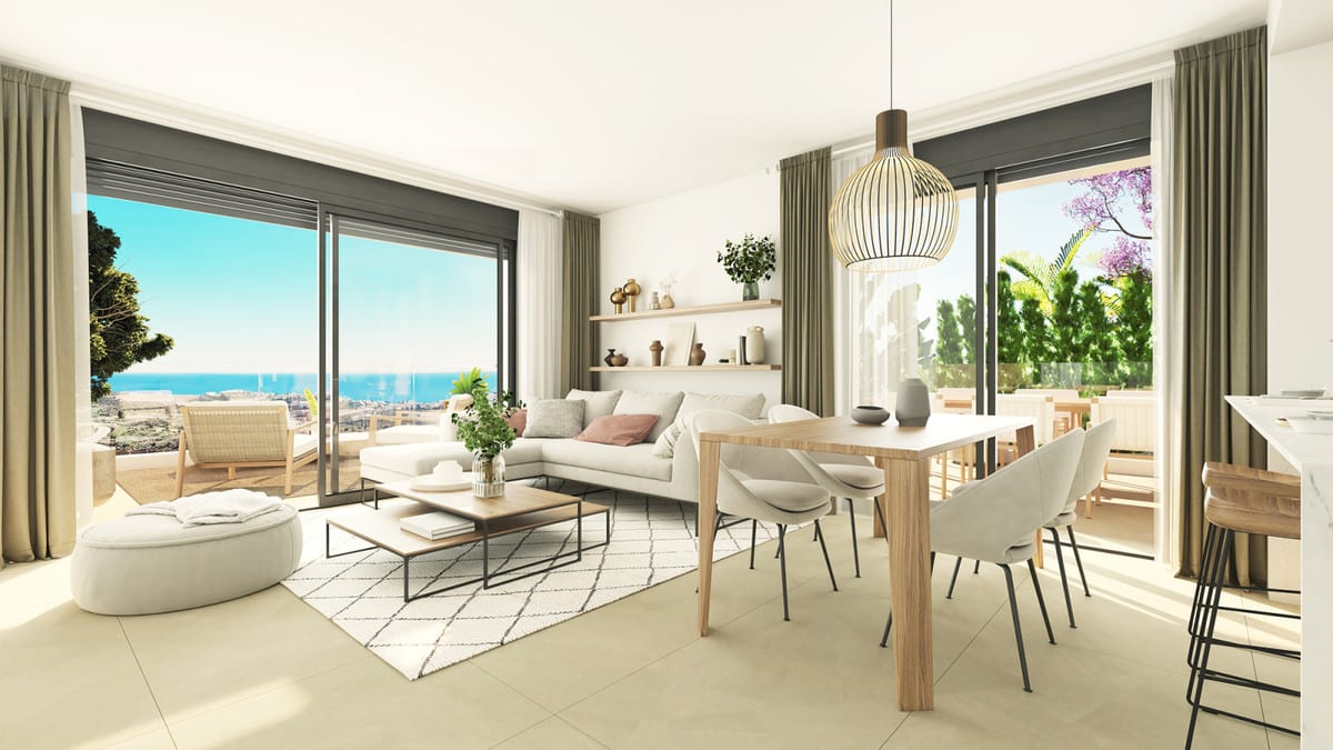 Rendered interior visualisation of CALANOVA COLLECTION with a white sofa, wooden dining table with chairs, round pendant light and two large glass sliding doors leading outside.