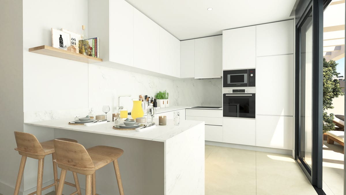 Rendered kitchen visualisation of CALANOVA COLLECTION with white cabinets, marble-effect worktop and splashback, built-in oven and microwave, and a counter with two wooden bar stools.