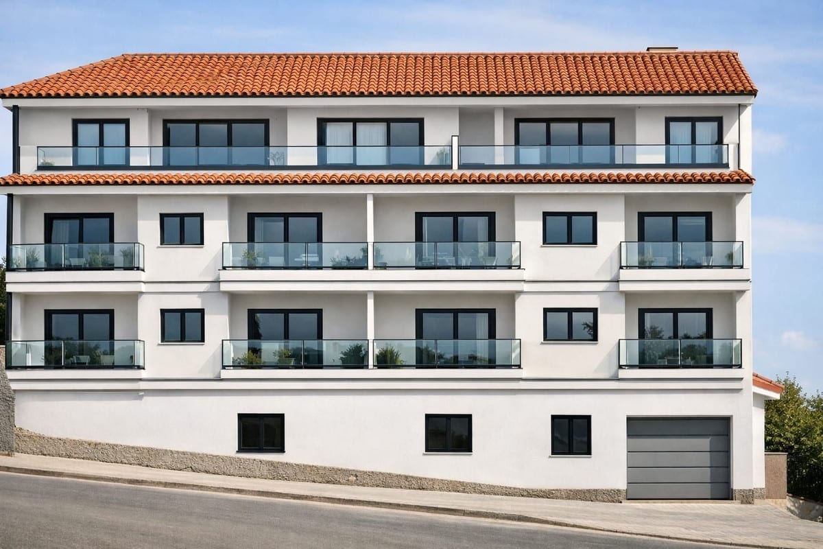 Image of the CALLE MIRÓ building: white façade with terracotta roof tiles, black window frames, glass balcony railings across several storeys and a garage door on the ground floor.