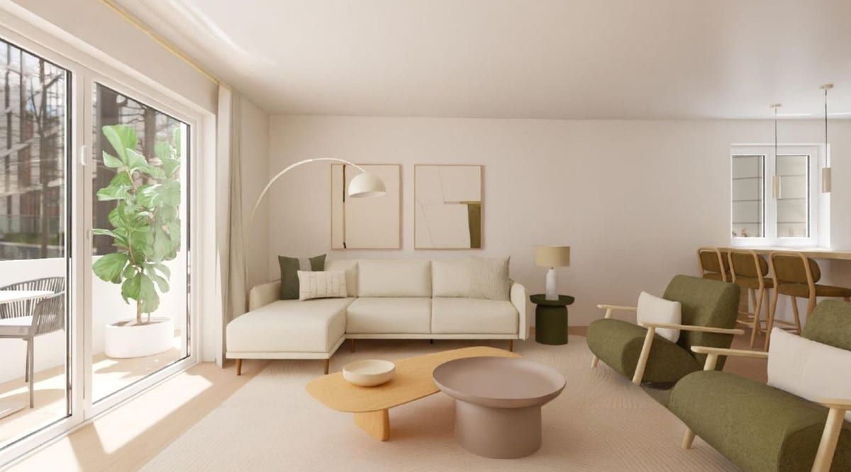 Interior visualisation of CALLE MIRÓ with a cream chaise longue sofa, arched floor lamp, two framed artworks on the wall, a large glass sliding door with a large houseplant on the terrace and a green armchair.