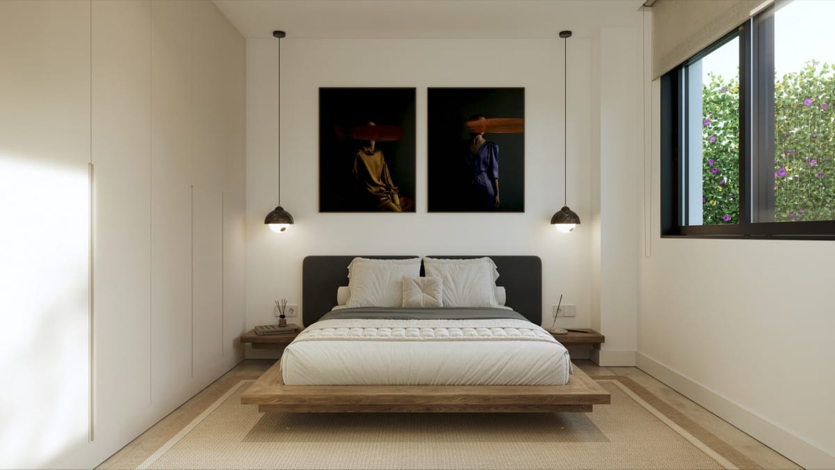 Project visualisation of a bedroom at CAMARATE HILLS II with a wooden bed frame and dark upholstered headboard, two floating bedside tables, two dark pendant lights, a built-in white wardrobe wall, two framed artworks above the bed and a window overlooking greenery.