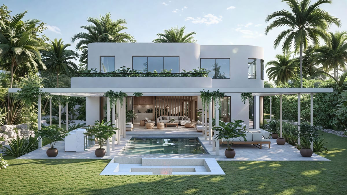 Project visualisation of CAN CAYÚ with exterior architecture, terraces and landscaped outdoor space.