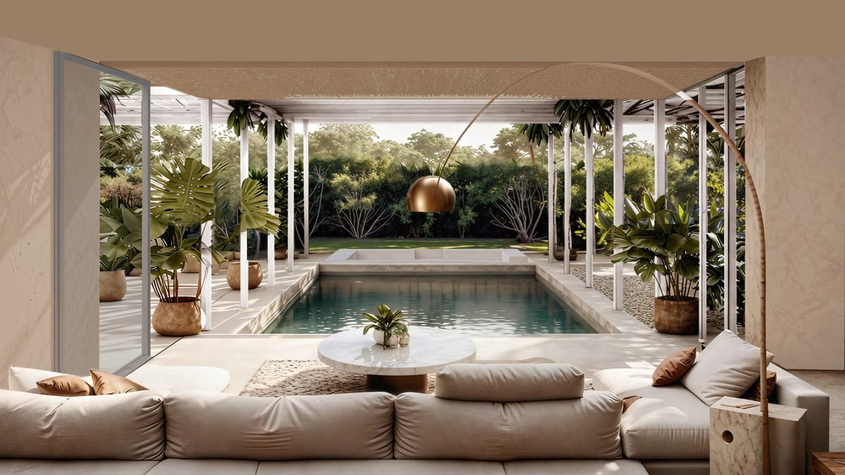 CAN CAYÚ: Poolside terrace with seating.