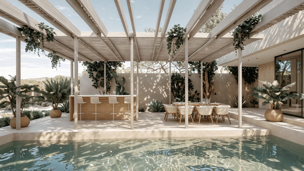 CAN CAYÚ: Poolside terrace with seating.