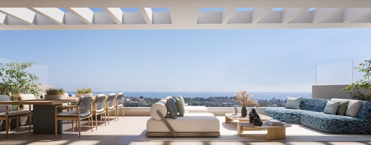 Development visualisation of CAPRI - FASE 3 with a covered terrace, dining table, seating area, glass balustrade and sea views.