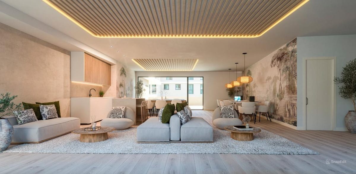 Rendering of the shared coworking space at CAPRI - FASE 3, with seating areas, tables, a kitchen and a timber slat ceiling.