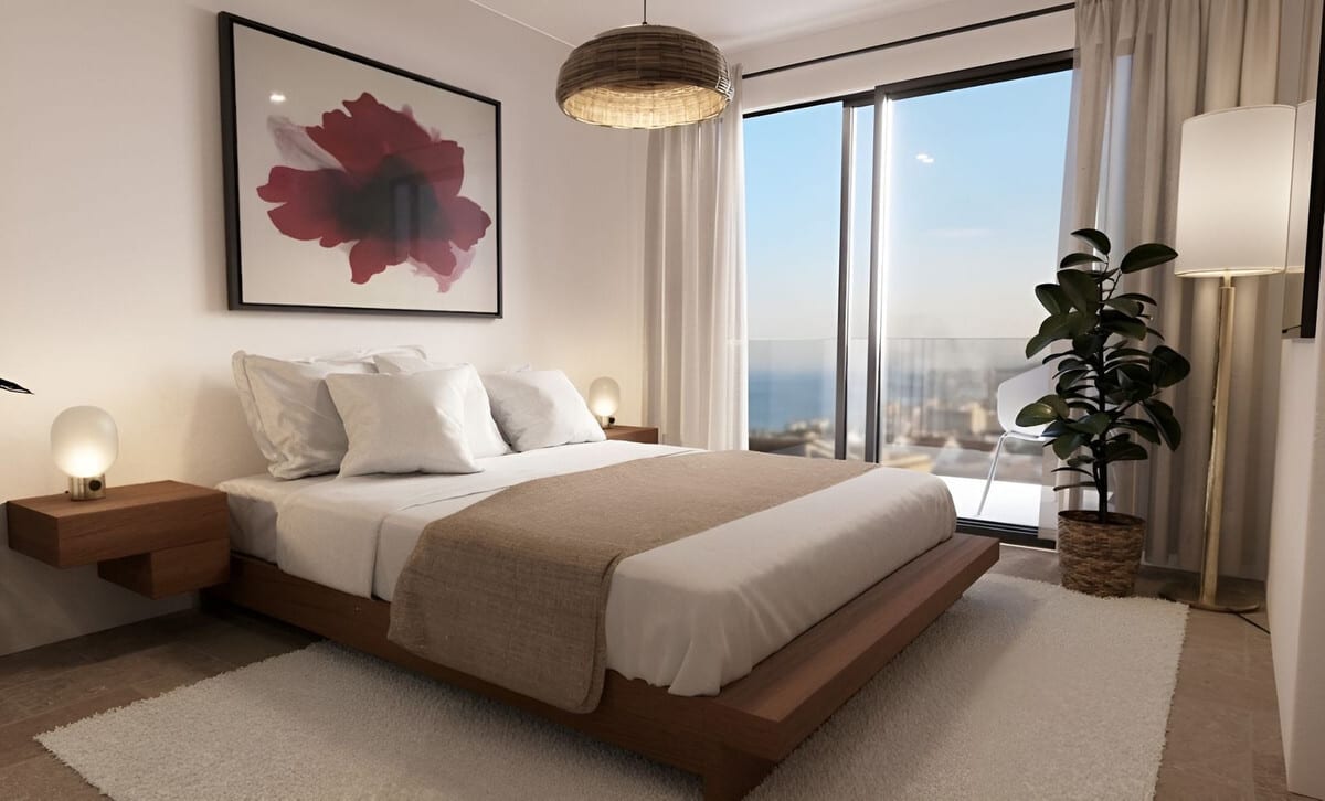 Project visualisation of the bedroom at CASA 2 - BOUGAIVILLEA ROSA with a wooden bed frame, floating bedside tables and a large glazed frontage.