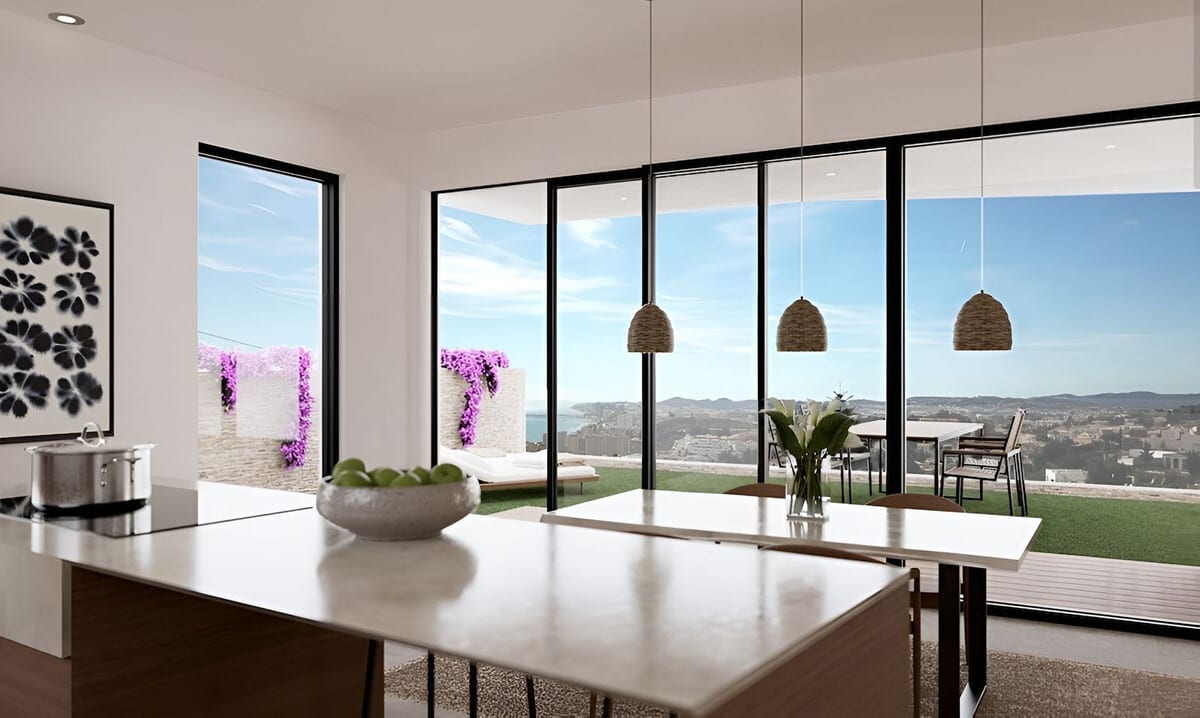 Project visualisation of the kitchen and dining area at CASA 2 - BOUGAIVILLEA ROSA with an island, pendant lights and sliding doors to the terrace.