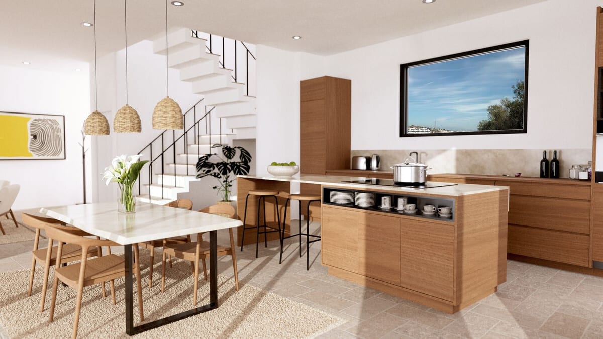 Project visualisation of CASA 3 - BOUGAINVILLEA ROSA with a wooden kitchen, kitchen island with induction hob, dining table with a light stone tabletop and wooden chairs, woven pendant lights, and a white floating staircase with a black metal handrail.