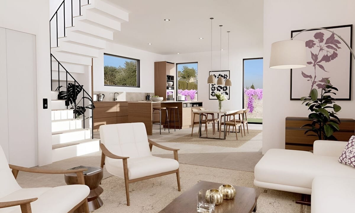 Project visualisation of CASA 3 - BOUGAINVILLEA ROSA with a white seating area with wooden armchairs, an open kitchen with island in the background, a dining table with woven pendant lights, a floating staircase with black handrail, and windows overlooking purple flowering plants outside.