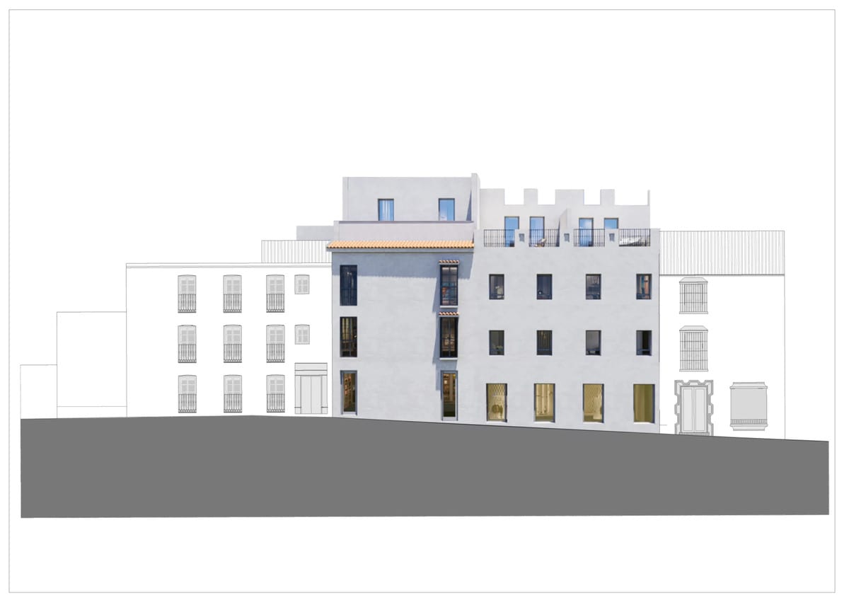 Second façade view of CASA GLORIA as an architectural project visualisation, with light grey façade surfaces, narrow windows with dark frames, a terracotta roof edge, a roof terrace with black railings and illuminated ground-floor openings.