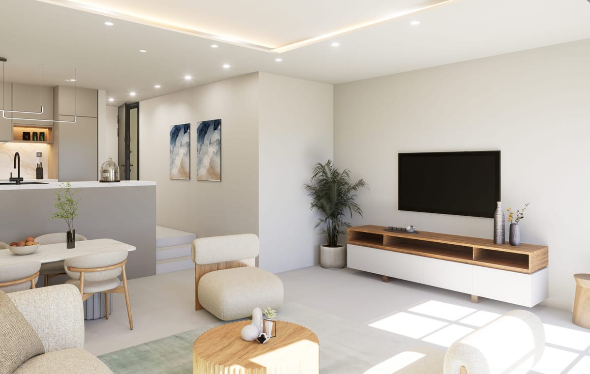 Interior visualisation of CASA GLORIA with an open-plan kitchen, dining area, sitting area, wall-mounted television and wooden TV unit with white drawers.