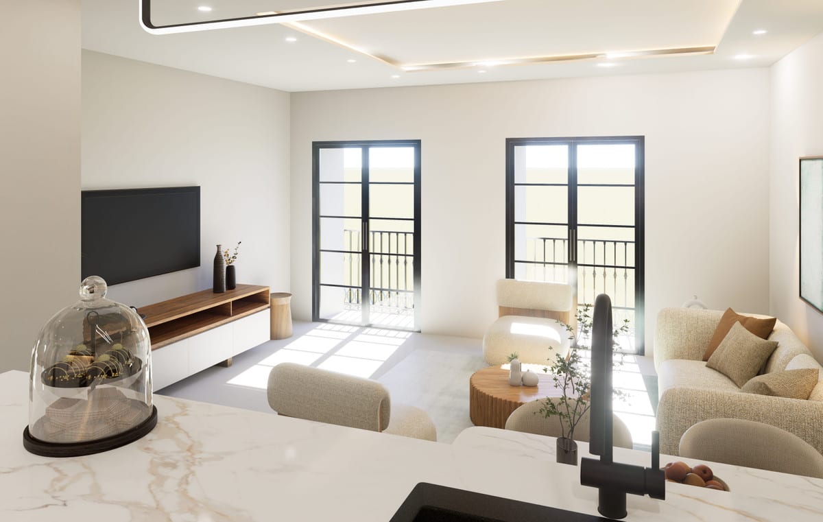 Interior visualisation of CASA GLORIA seen from the marble-effect kitchen worktop, with a black tap in the foreground, sitting area, wall-mounted television and two tall French windows with black frames and balcony railings.