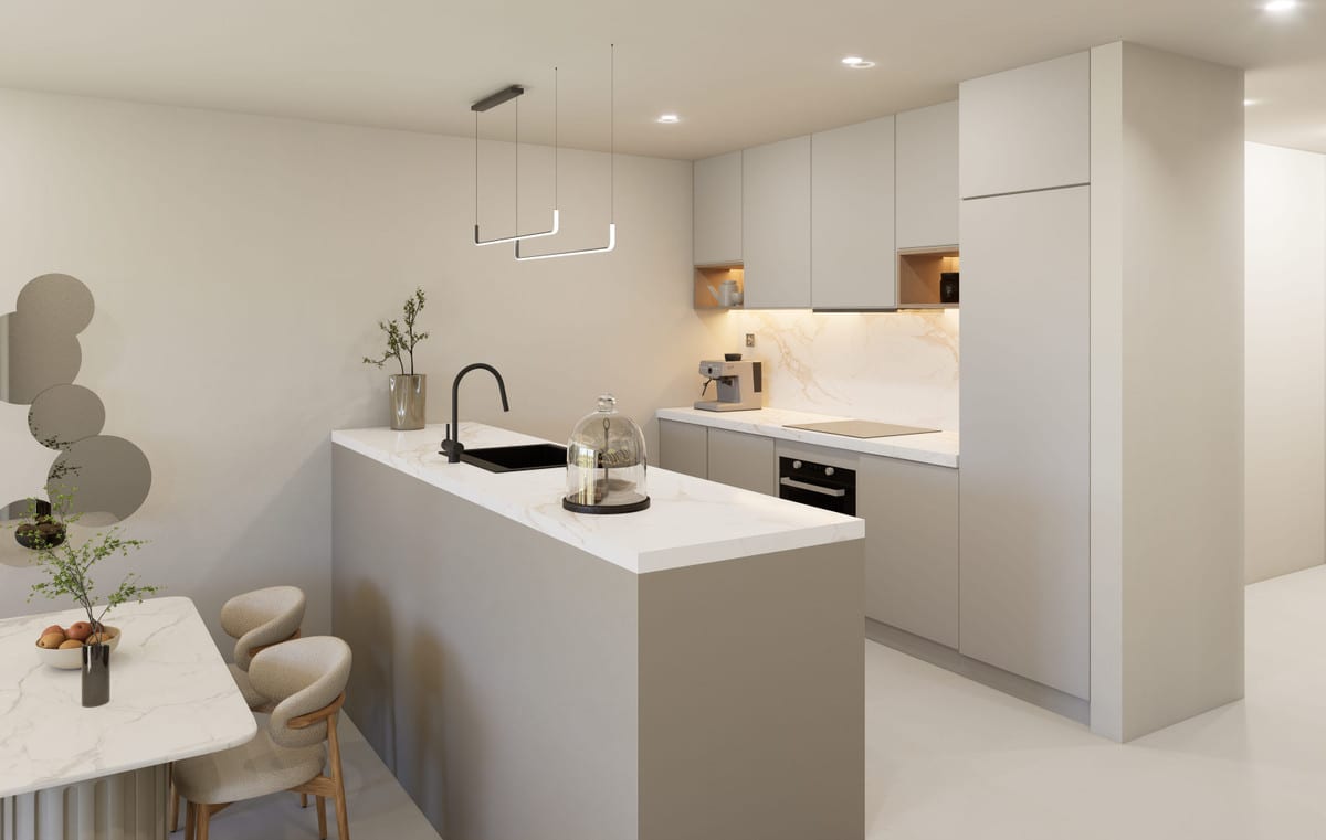 Kitchen visualisation of CASA GLORIA with taupe cabinets, a white marble-effect worktop and splashback, kitchen island with black inset sink and black tap, built-in oven and pendant lights.