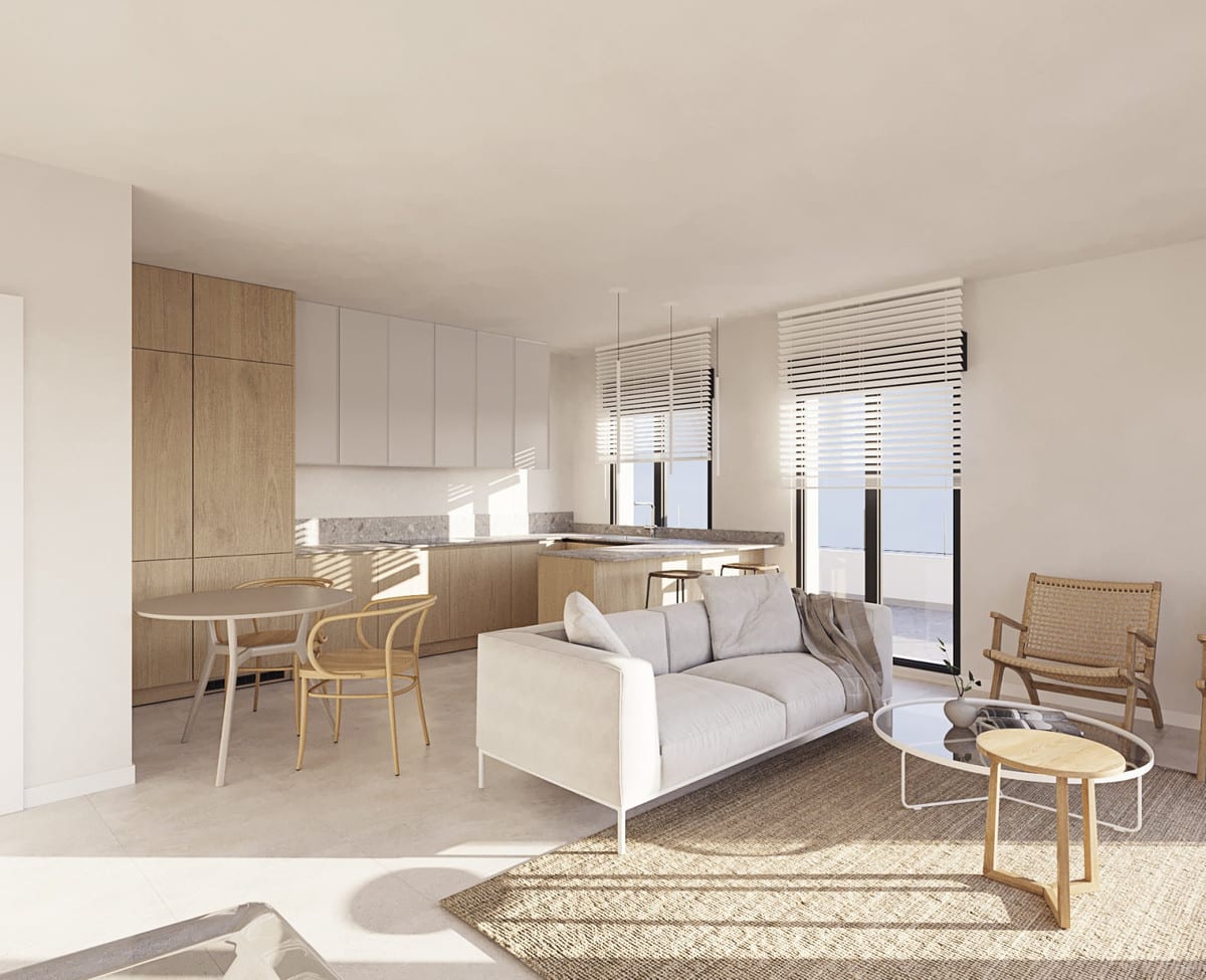 Project visualisation of CASARES BAY with an open-plan living room, light-grey sofa, round dining table with curved wooden chairs, kitchen with wooden and white cabinets, and large windows with wooden blinds.