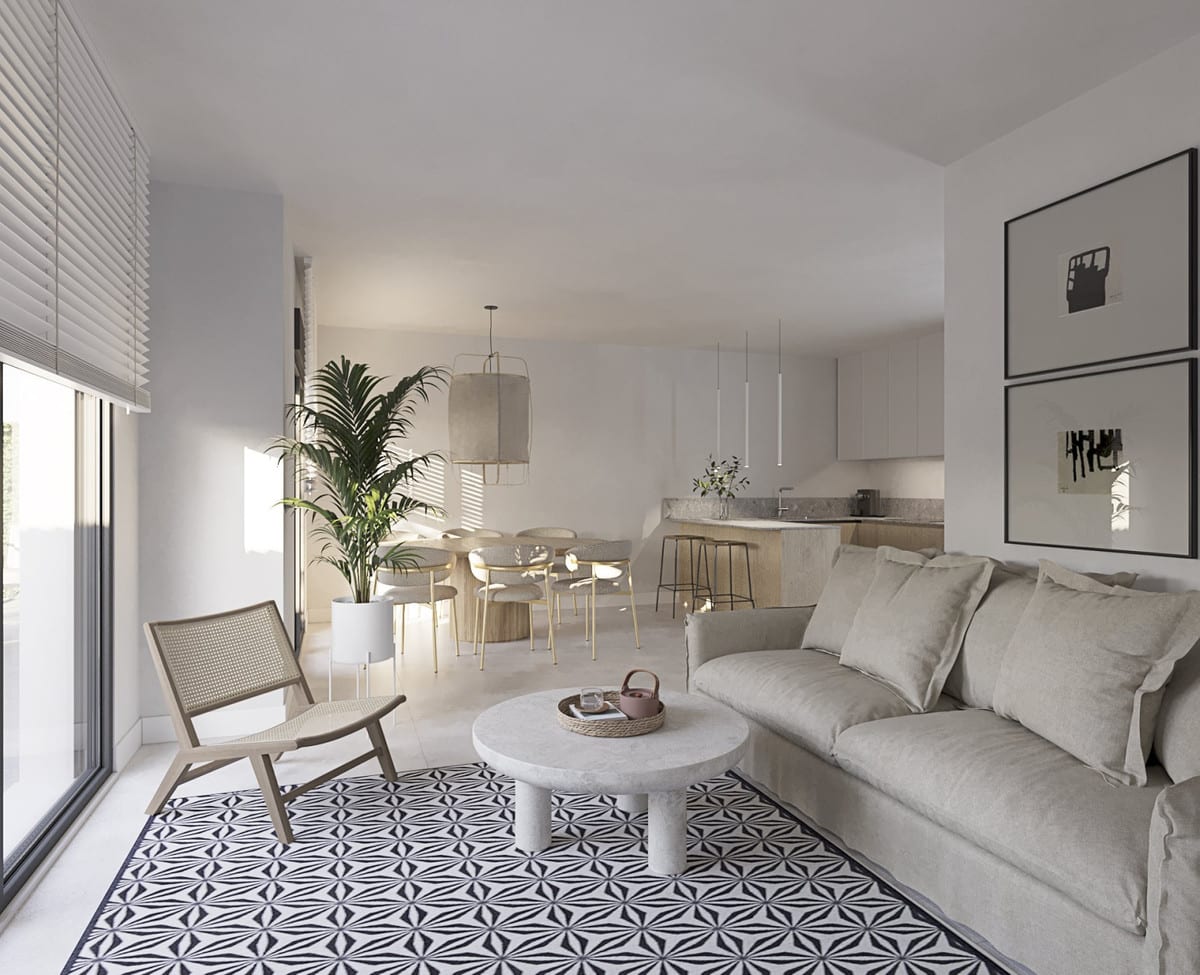 Project visualisation of CASARES BAY with a light-grey sofa, black-and-white geometric rug, round concrete-effect coffee table, rattan armchair, dining table in the background, open kitchen and two framed artworks on the wall.