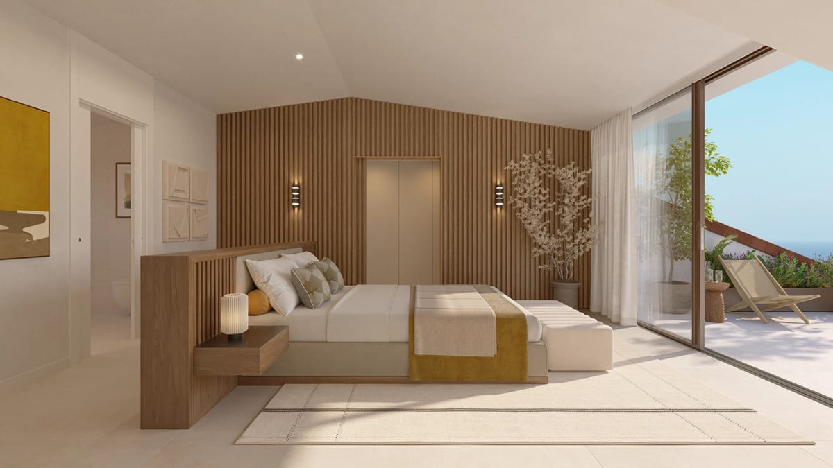 Bedroom visualisation of CASATALAYA RESIDENCES with a vertical wooden slatted feature wall, integrated wardrobe, double bed with a wooden headboard and bedside table, light floor tiles and a glass sliding door leading to a terrace.