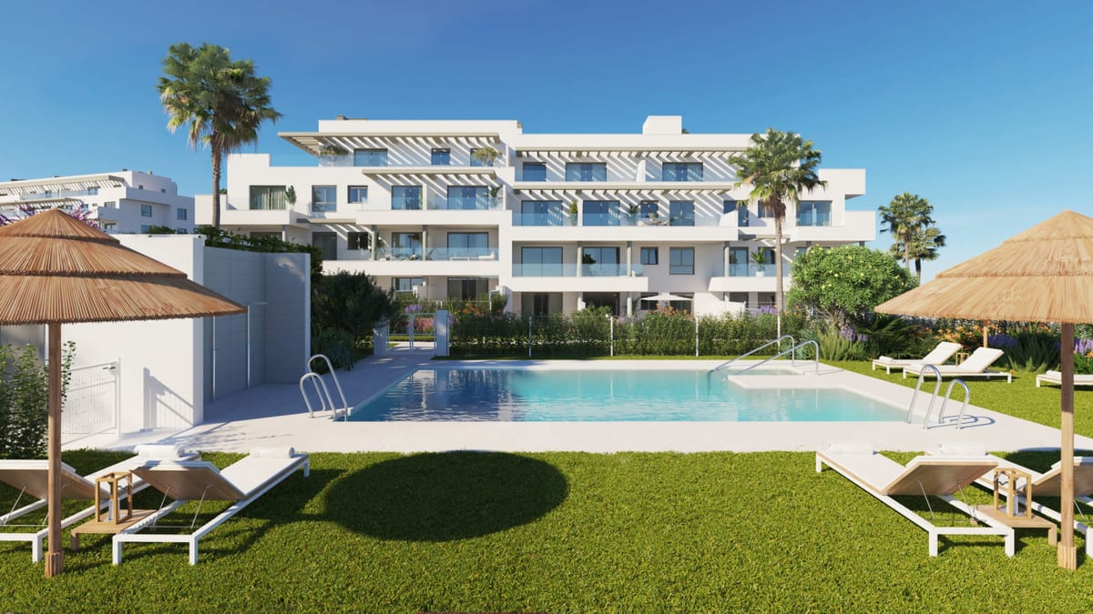 Development visualisation of Célere Delmar 2 with apartments, communal swimming pool and landscaped garden in El Faro