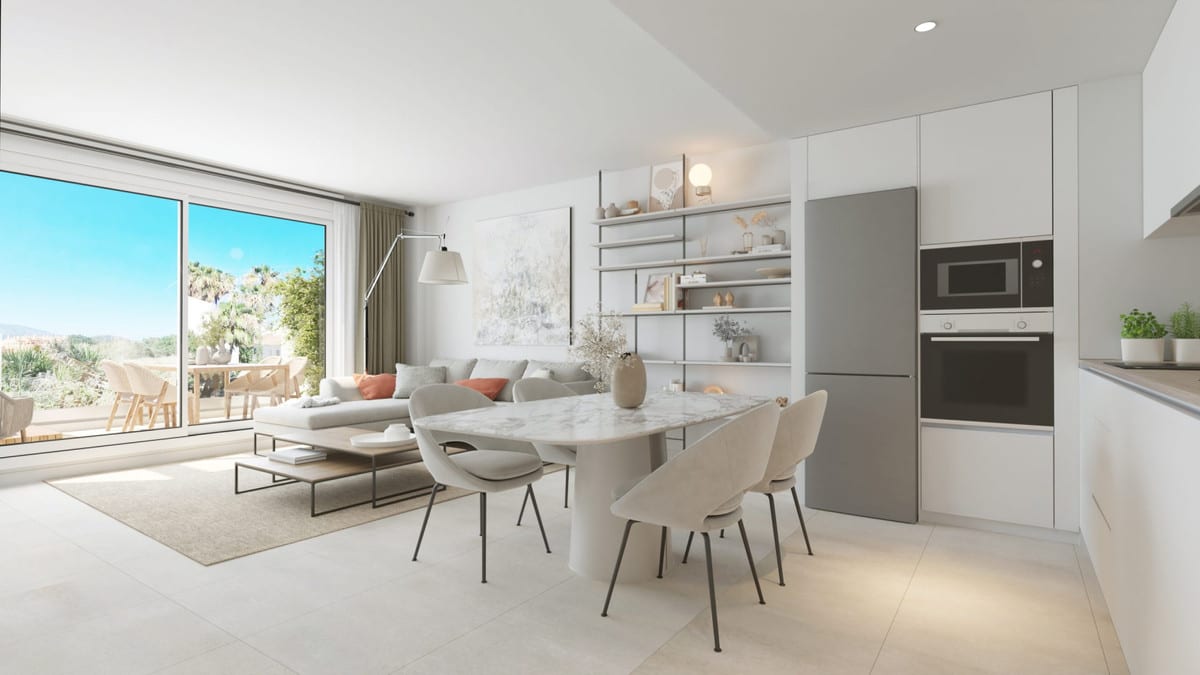 Development visualisation of an open-plan kitchen and dining area with terrace at Célere Delmar 2