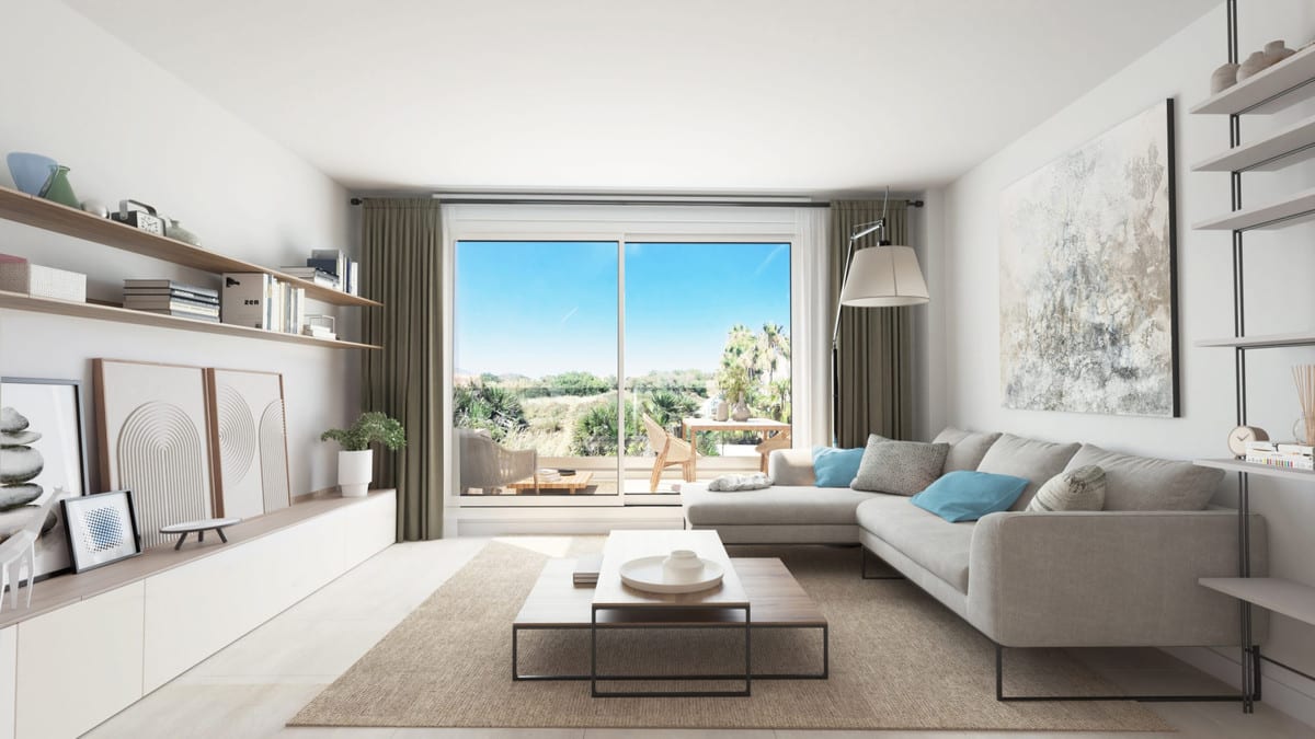 Development visualisation of a bright living room with large window and terrace at Célere Delmar 2