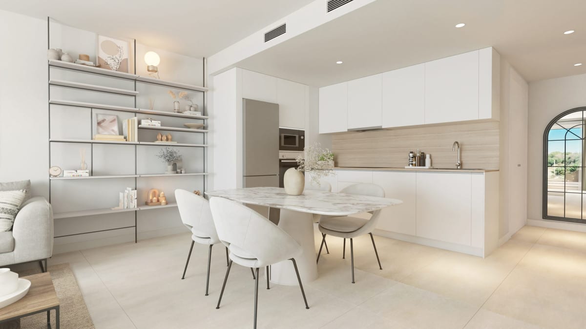 Development visualisation of the kitchen and dining area in an apartment at Célere Delmar 2