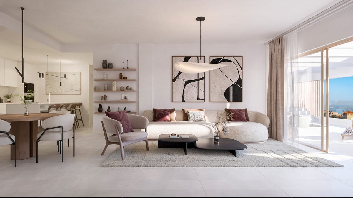 Project visualisation of CELESTIA HOMES with an open-plan living room, curved cream sofa, armchair, two black coffee tables, wall art, wooden dining area and open kitchen with bar stools.