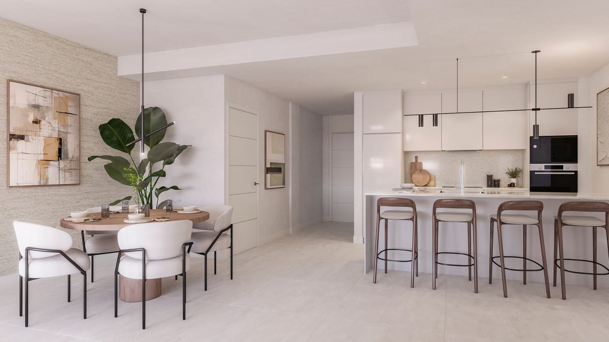 Project visualisation of CELESTIA HOMES with a round wooden dining table, four white chairs, a large houseplant, textured wall covering, white kitchen with integrated appliances and a kitchen island with four bar stools.