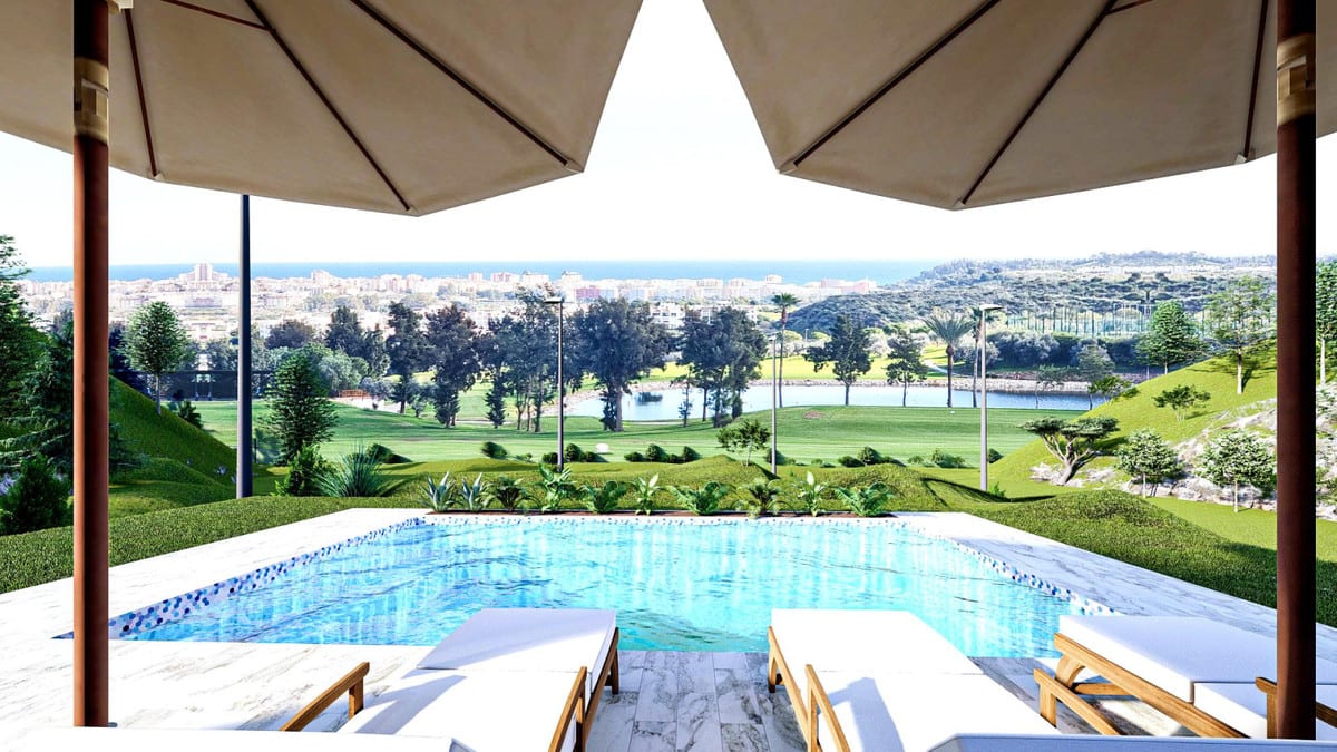 Rendered view across a pool towards green surroundings, a pond and buildings in the distance.