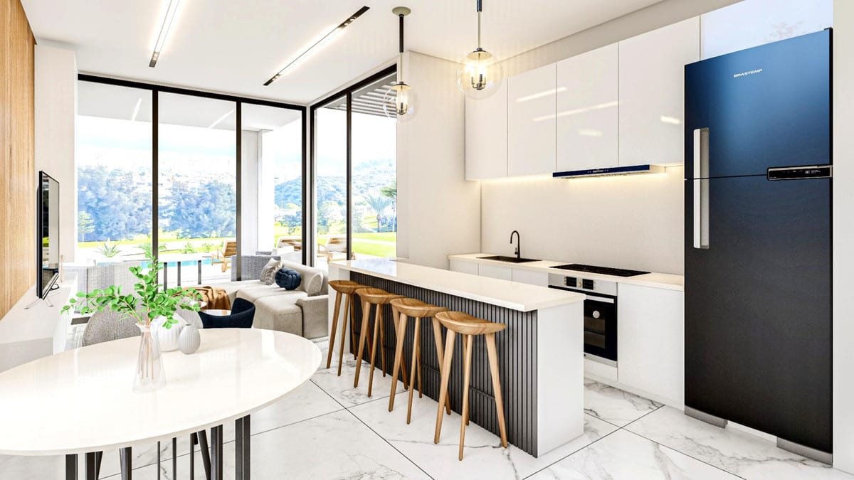 Rendered open kitchen, dining and seating areas beside large windows overlooking the outdoor space.