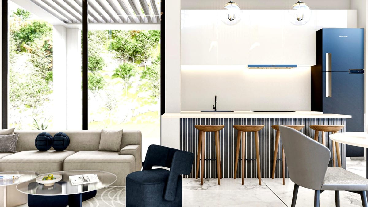 Rendered open kitchen and living room with white cabinets, wood-effect details and a dark blue fridge.