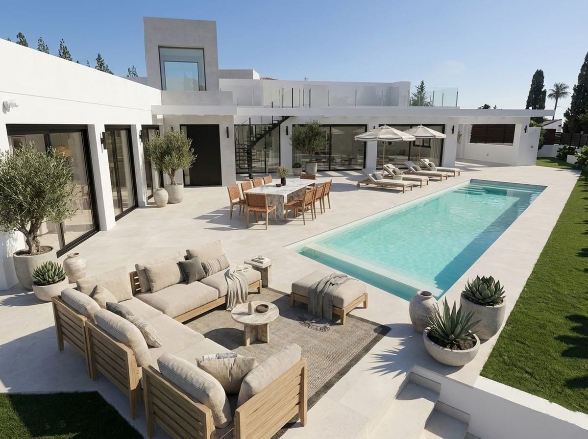 View of the pool terrace with outdoor seating, a dining table, sun loungers and parasols.