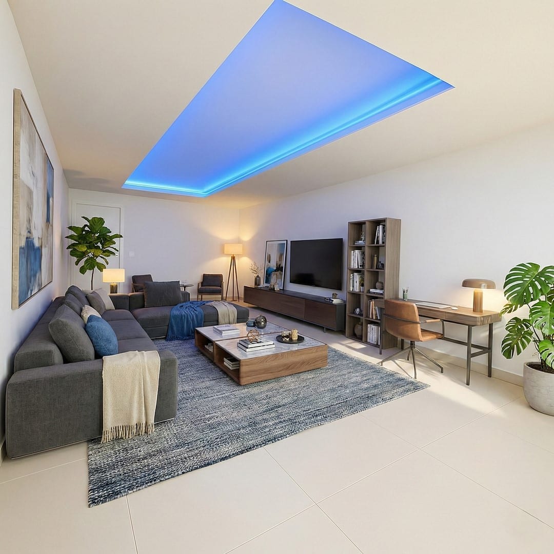 View of a sitting room with a grey corner sofa, television, desk and blue ceiling lighting.