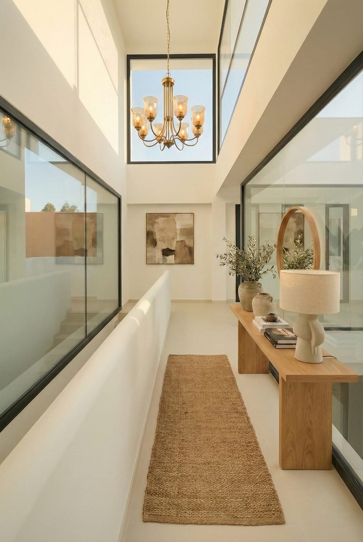 View of a bright landing with tall glazing, a chandelier and a console table with a wood-effect finish.
