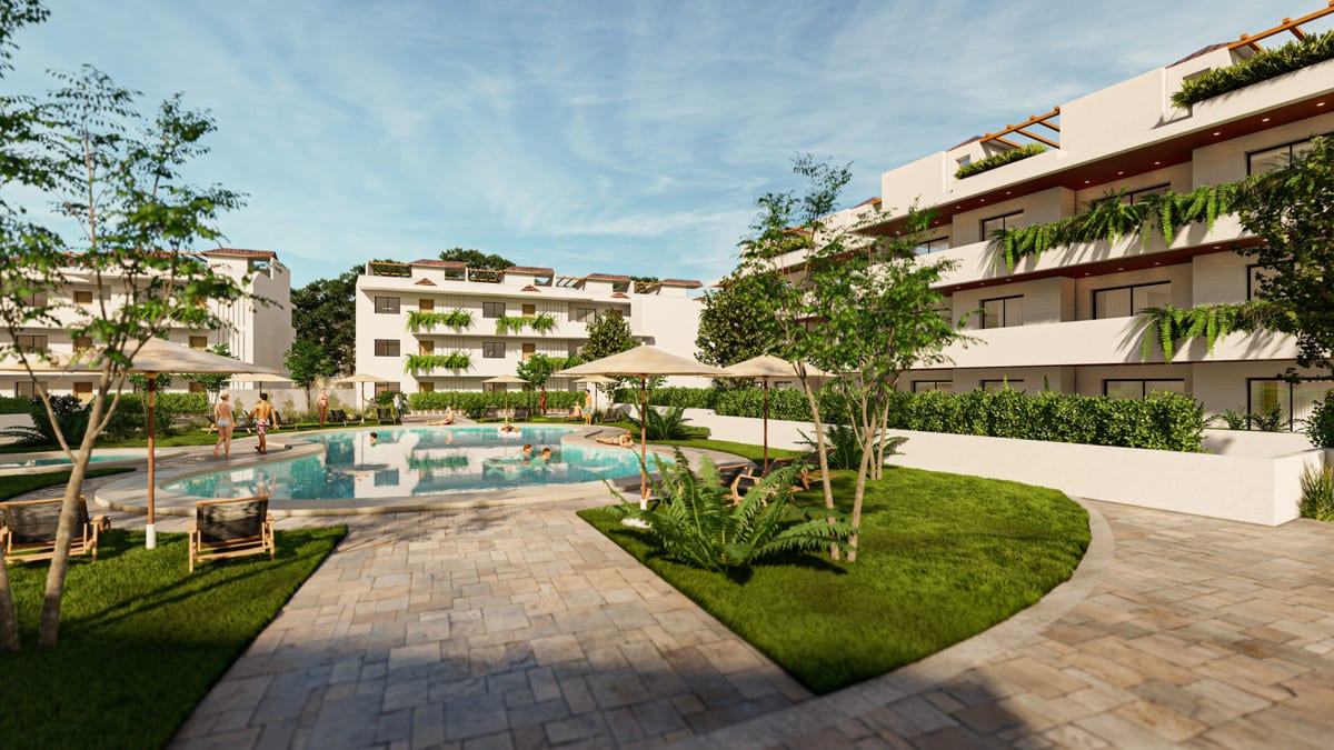 Project visualisation of CORAL MIJAS RESIDENCIAL with a swimming pool, paved paths, parasols, sun loungers, lawns, planting and white buildings with green balconies.
