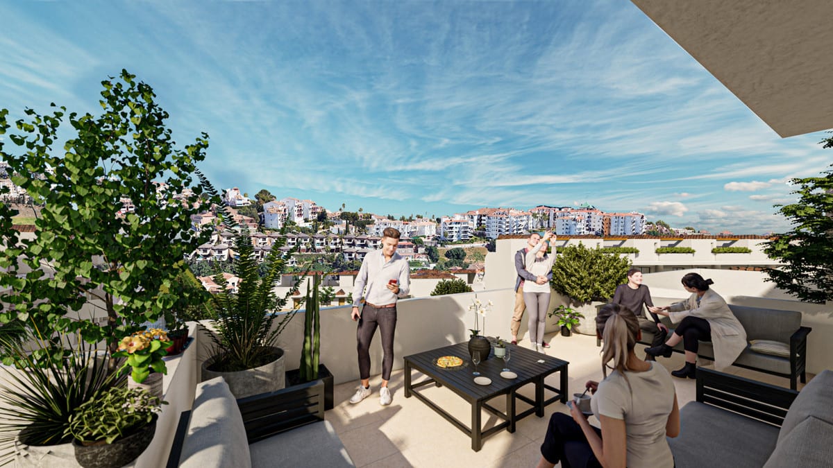 Project visualisation of CORAL MIJAS RESIDENCIAL with a spacious terrace, dark seating, dark coffee table, potted plants and surrounding buildings visible in the background.